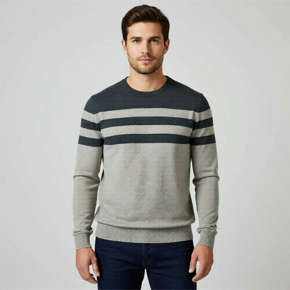 Britches Sweater Grey Beige Stripe Size Large Crewneck Pullover NEW